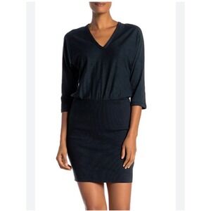 James Perse Black V-Neck Mixed Media Ribbed Skirt Dress WVD6472 Size 3 Large